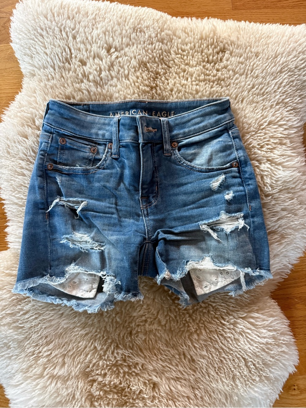 American Eagle Outfitters Blue Distressed High-Rise Denim Shorts
